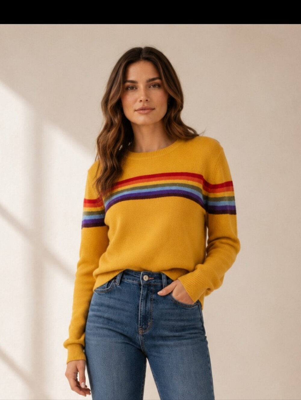 MADELEINE THOMPSON X AQUA Mustard Sweater With Rainbow